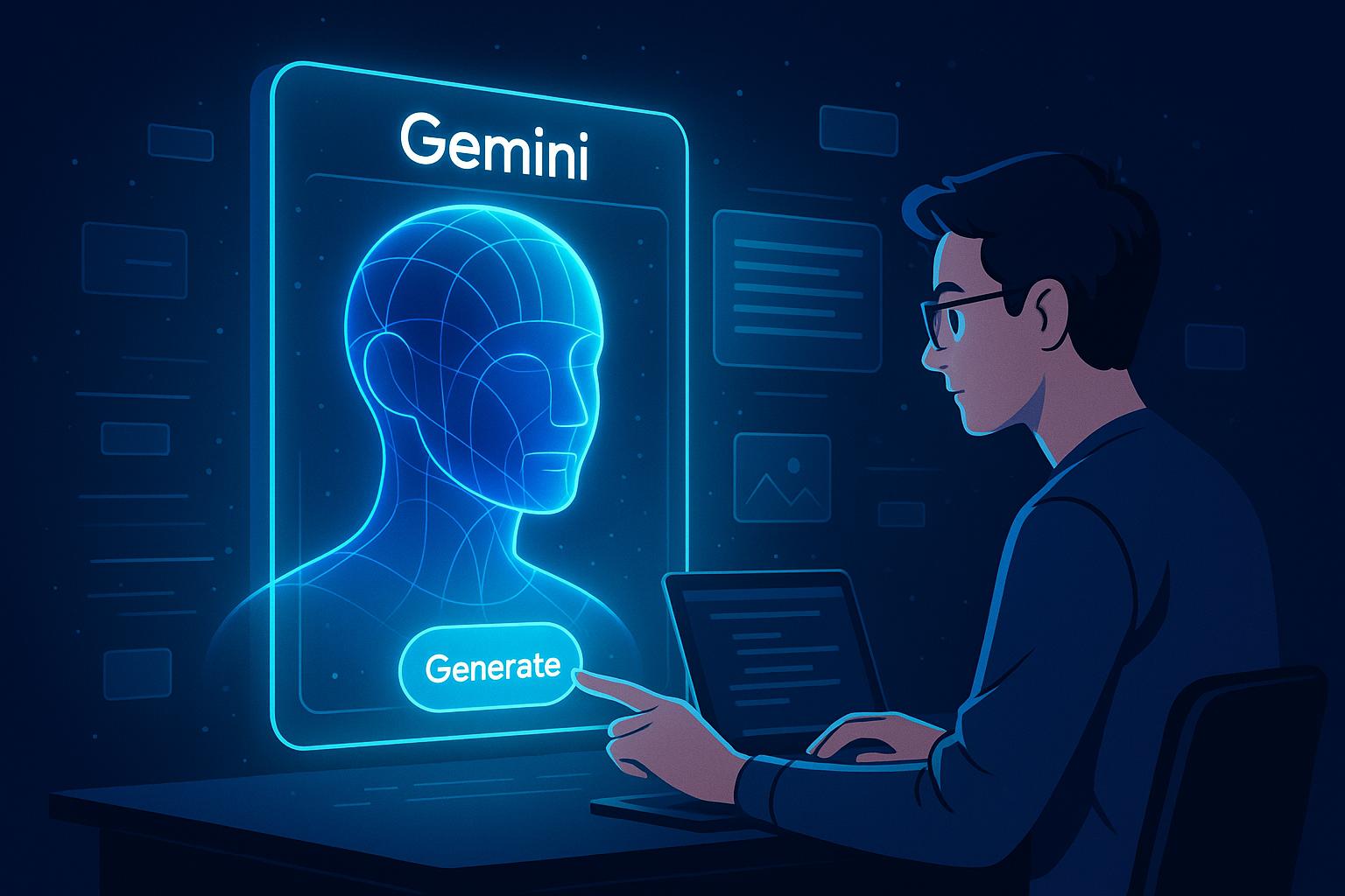 Mężczyzna przy biurku z holograficznym ekranem Gemini