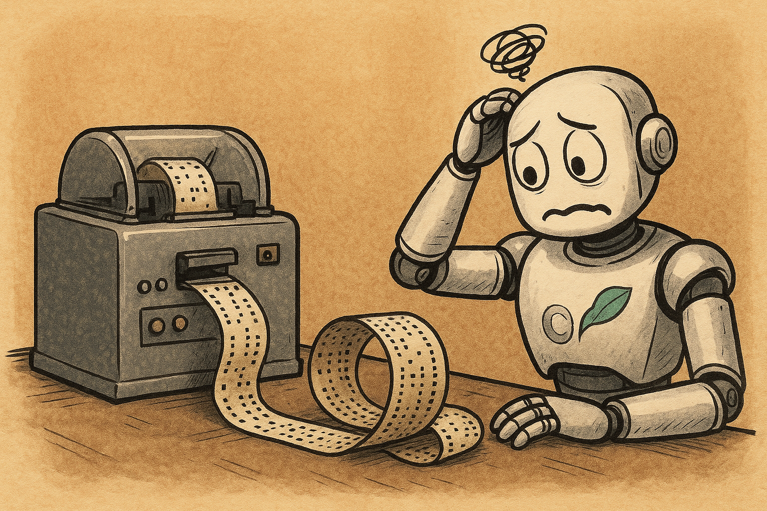 robot humanoidalny przyglądający się taśmie perforowanej